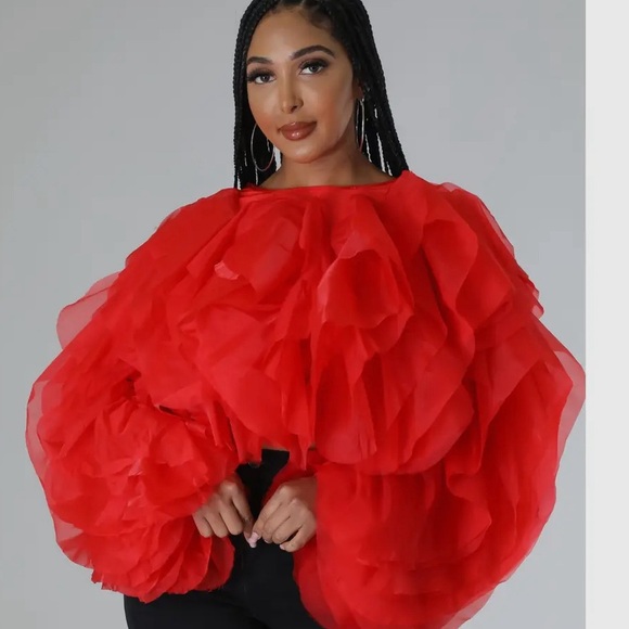 PLUS SIZE RUFFLE TULLE CROP TOP BLOUSE  RED - Picture 2 of 7